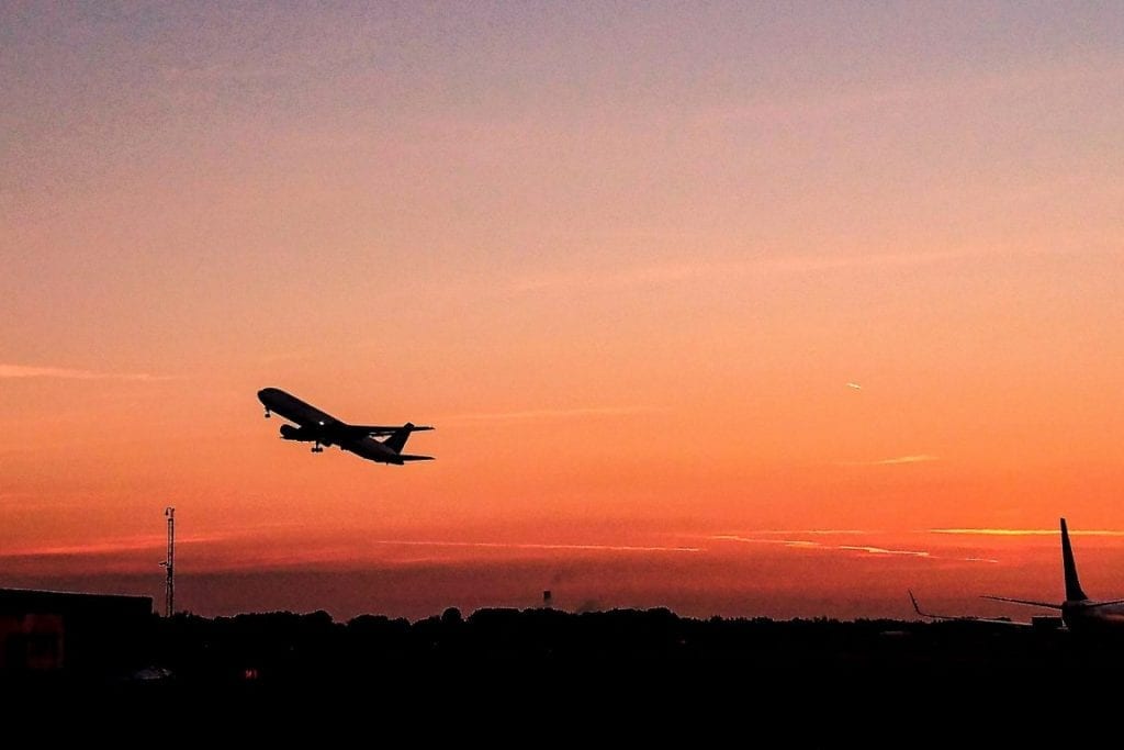 A plane departing East Midlands Airport in the UK. The airline industry needs to come up with an alternative to jet fuel. 