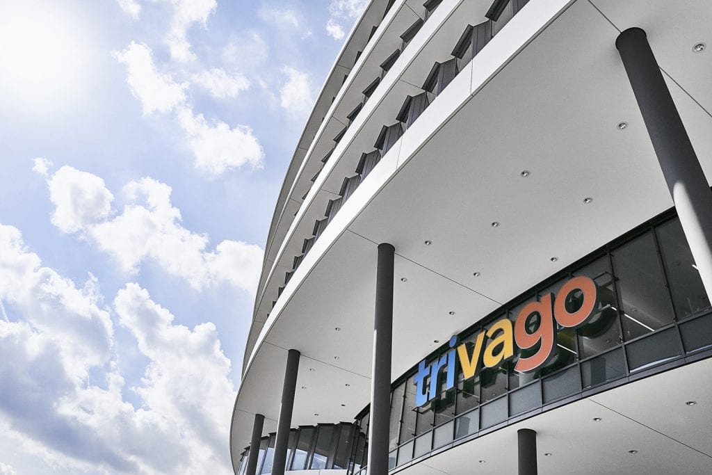 The facade and logo outside Trivago headquarters in Dusseldorf, Germany in 2018. Trivago officials forecast a recovery in the second half of 2021.