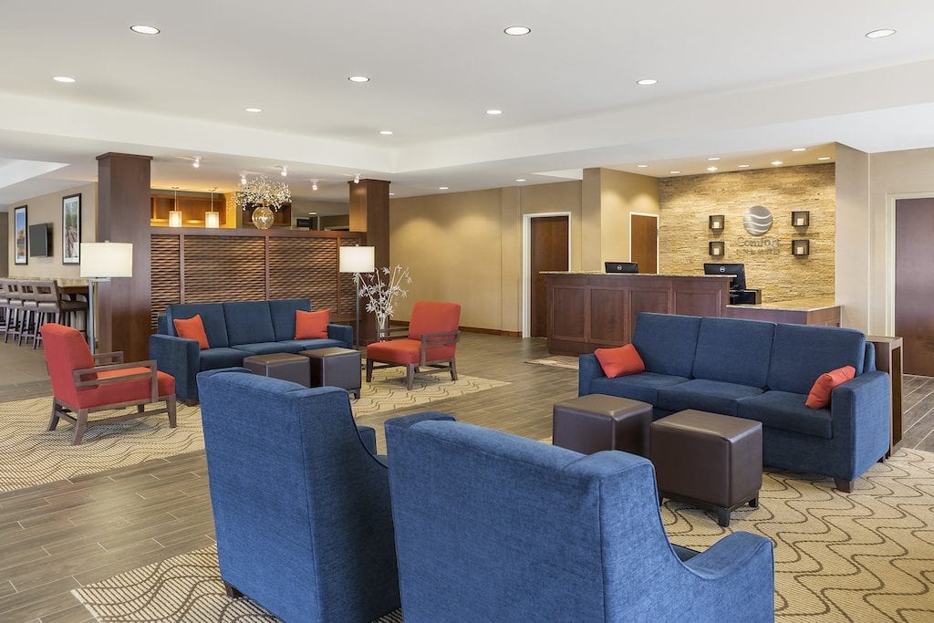 The lobby of a renovated Comfort Inn. All of Choice Hotels' Comfort system will have new, updated looks by the end of 2019. 