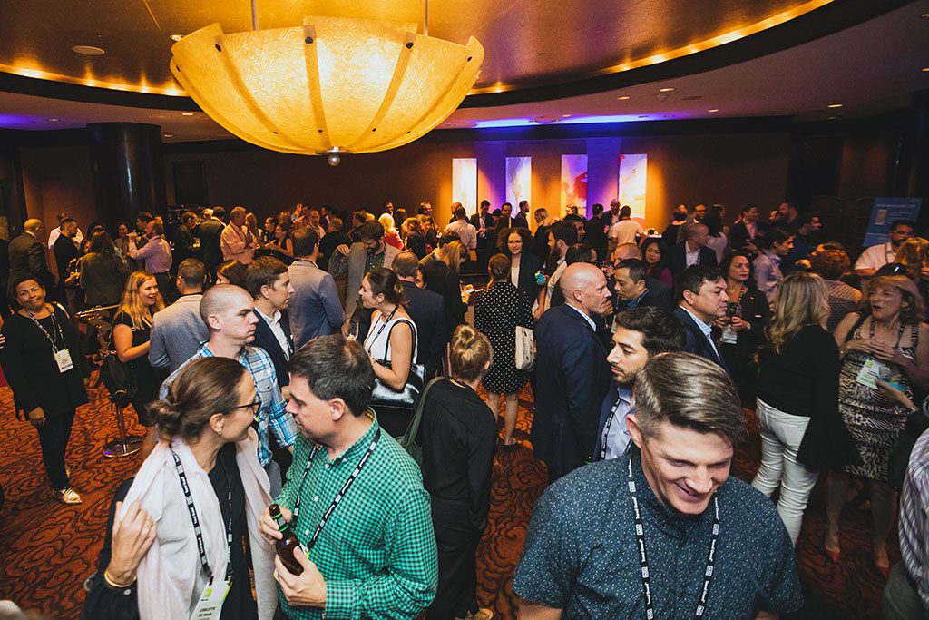 Attendees of the opening night ceremony for Skift Global Forum 2018, held at the Mandarin Oriental in New York City. 