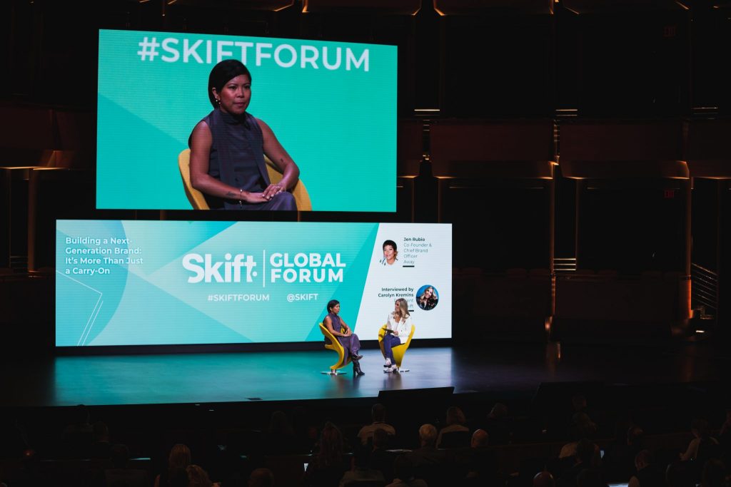 Jen Rubio (left), co-founder and chief creative officer of Away, speaking at Skift Global Forum on September 18, 2019, in New York. 