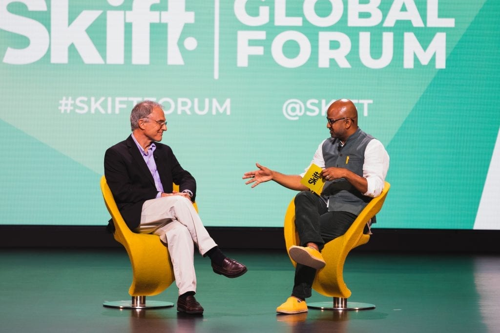 TripAdvisor CEO Steve Kaufer speaking on stage Wednesday, September 18, 2019, with Skift Founder and CEO Rafat Ali at Skift Global Forum in New York City.