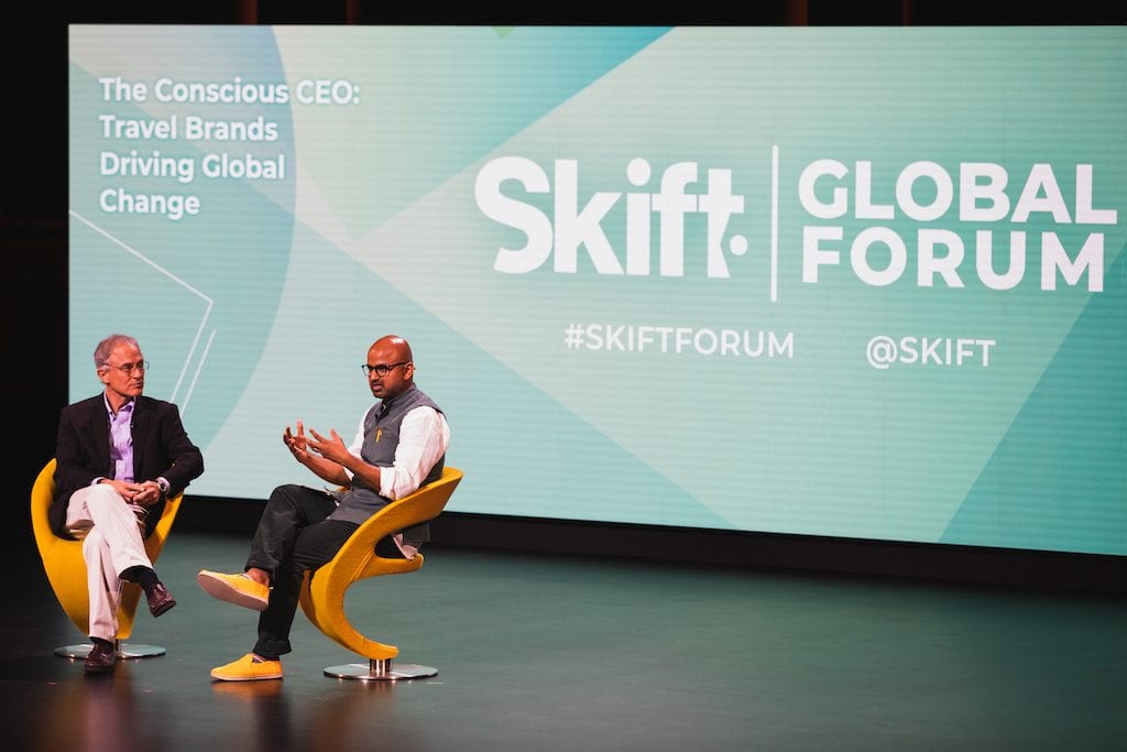 TripAdvisor CEO Steve Kaufer, left, with Skift CEO Rafat Ali at Skift Global Forum 2019.