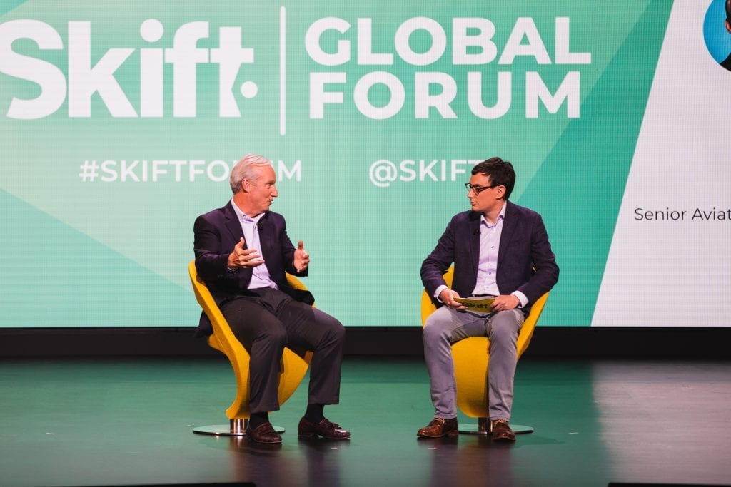 American Airlines Chief Financial Officer Derek Kerr (left) speaking at Skift Global Forum in New York City on Sept. 18, 2019.