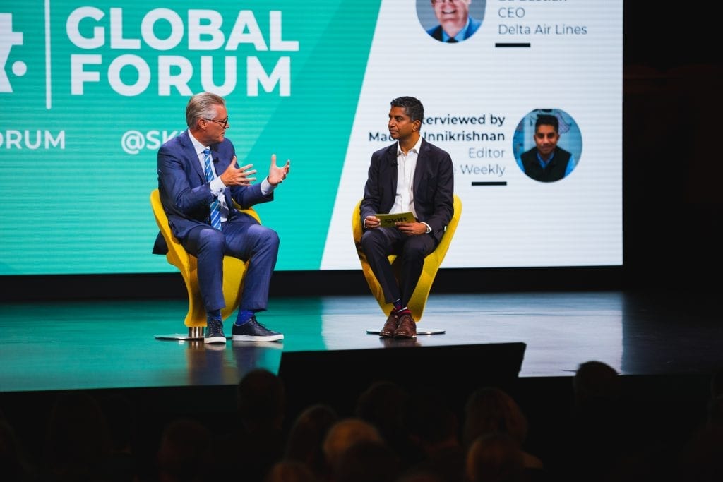 Delta Air Lines CEO Ed Bastian (left) speaking at Skift Global Forum in New York on September 18, 2019. 