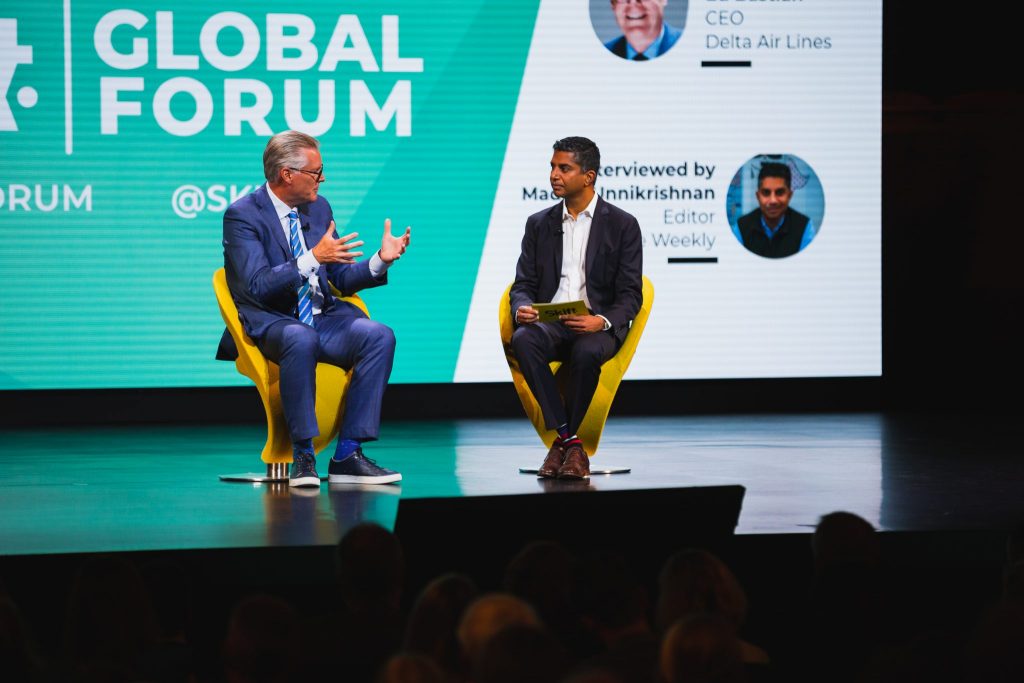 Delta Air Lines CEO Ed Bastian (left) speaking at Skift Global Forum in New York on September 18, 2019. 