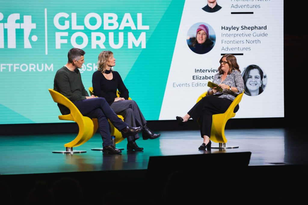 John Gunter, CEO of Frontiers North, and Hayley Shepard, Frontiers' interpretive guide, speak with Elizabeth Osder, Skift's editorial director of conferences, on Wednesday, September 18, 2019 at Skift Global Forum in New York City. 