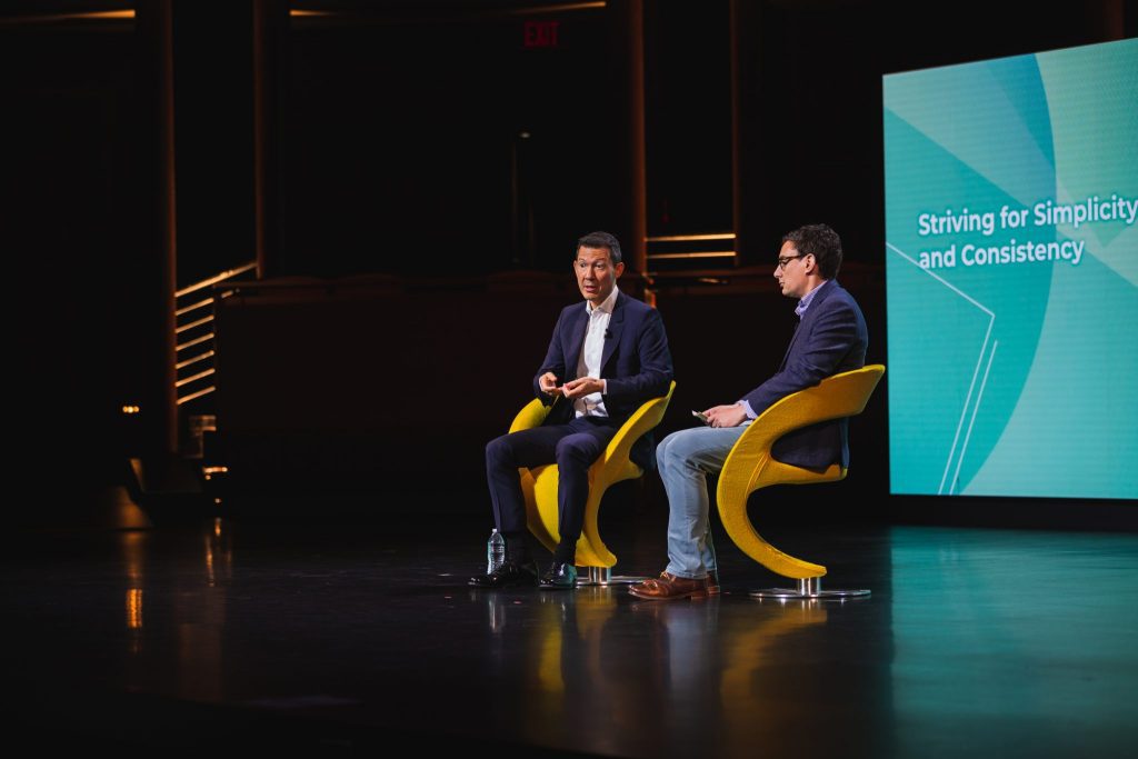 Air France-KLM CEO Ben Smith (left) speaks at Skift Global Forum in New York City on Sept. 19, 2019.