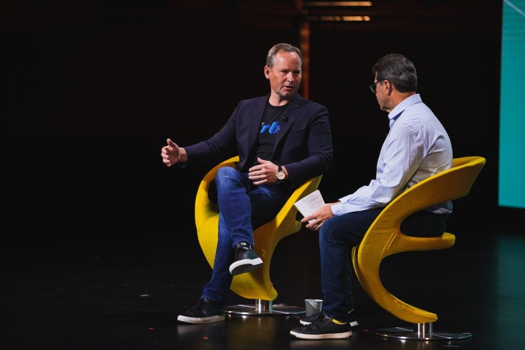 Expedia Group President and CEO Mark Okerstrom speaking at Skift Global Forum in New York City on Sept. 19, 2019.