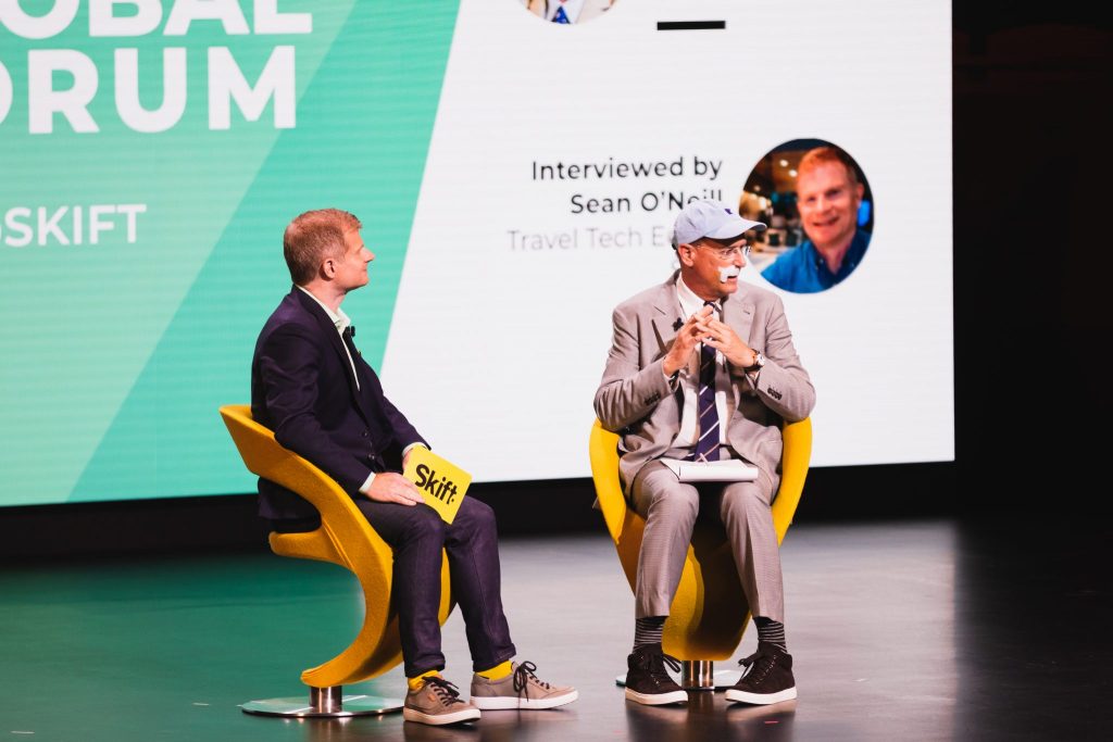 Amtrak CEO Richard Anderson (right) speaks at Skift Global Forum in New York City on Sept. 19, 2019.