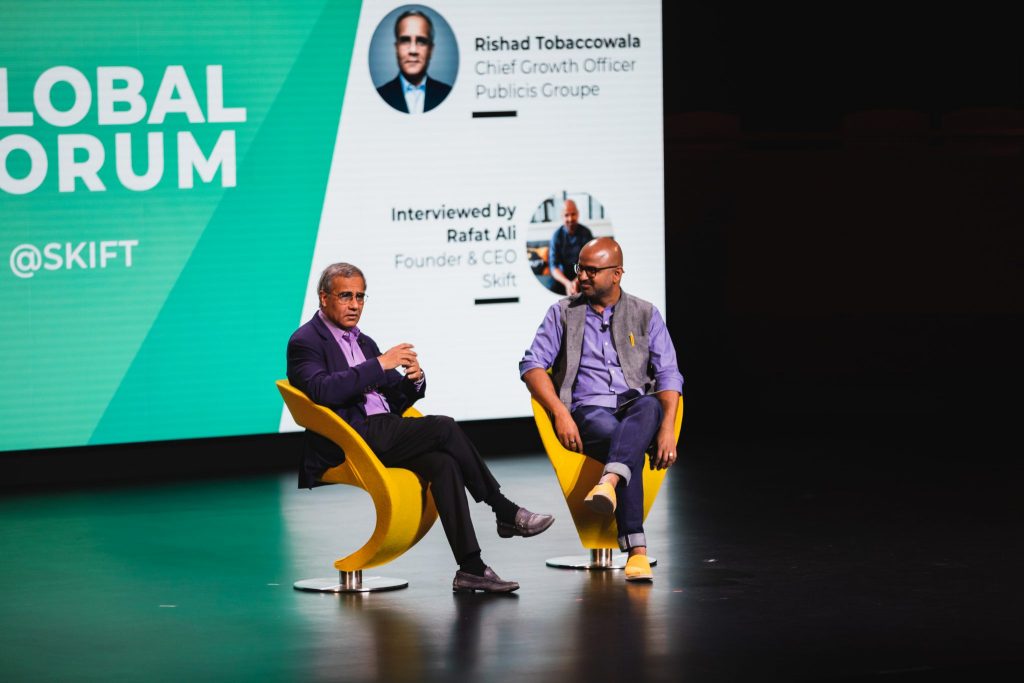 Publicis Groupe Chief Growth Officer Rishad Tobaccowala (left) speaks at Skift Global Forum in New York City on Sept. 19, 2019.