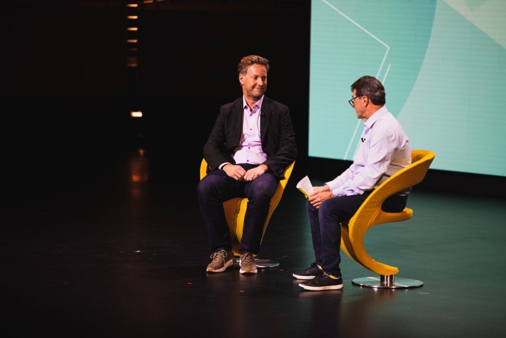 Sam Shank (left), Airbnb head of hotels and HotelTonight CEO, speaks at Skift Global Forum in New York City on Sept. 19, 2019.