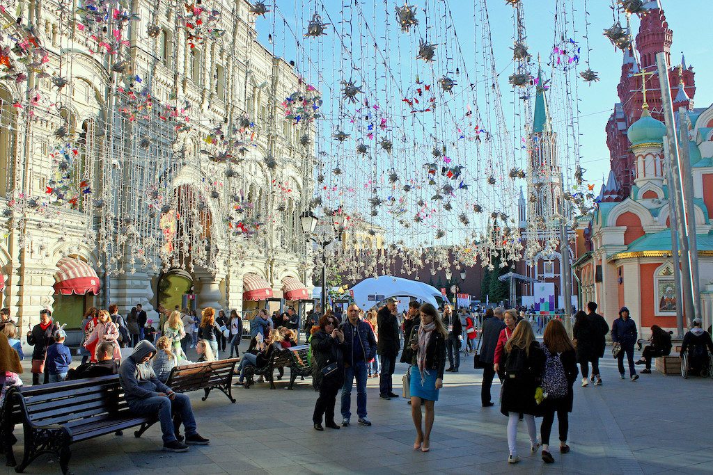 Nikolskaya Street in Moscow, decorated for the 2018 World Cup. 