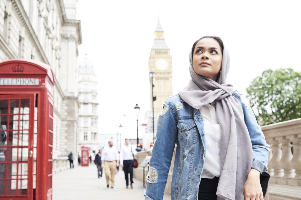 Woman in hijab walking in London, UK