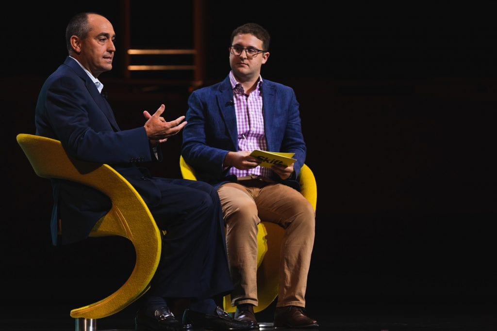 Inspirato CEO Brent Handler speaking at Skift Global Forum on Sept. 18, 2019, on stage with Skift Senior Research Analyst Seth Borko. 