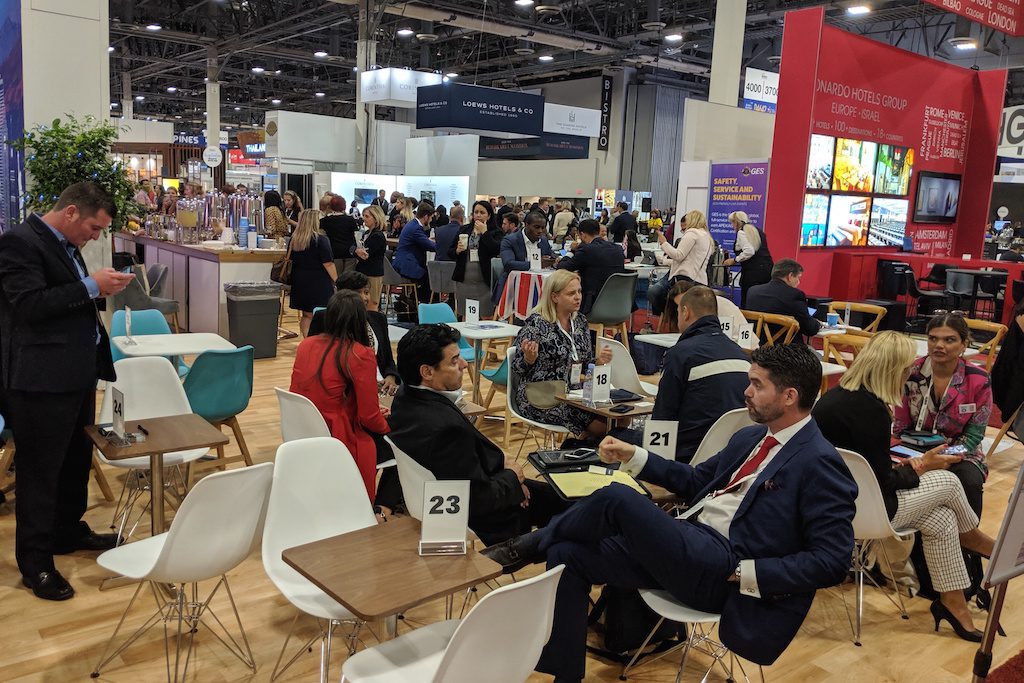 Event attendees meet with one another in company booths. IMEX America 2019, Sands Expo, Las Vegas. Event software startup Bizzabo wants to better track attendee engagement with an all-in-one platform.