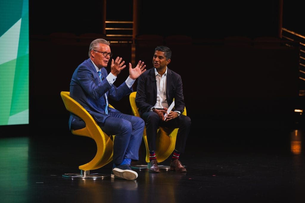 Delta Air Lines CEO Ed Bastian (left) speaking at Skift Global Forum in New York City on September 18, 2019.