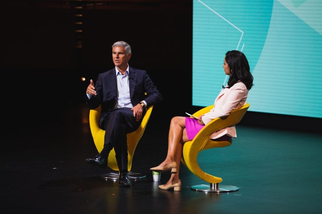 Christopher Nassetta, president and CEO of Hilton, speaking at Skift Global Forum on September 18, 2019, in New York City. Nassetta is backing the U.S. Travel Association's calls for consistent hotel reopening guidelines.