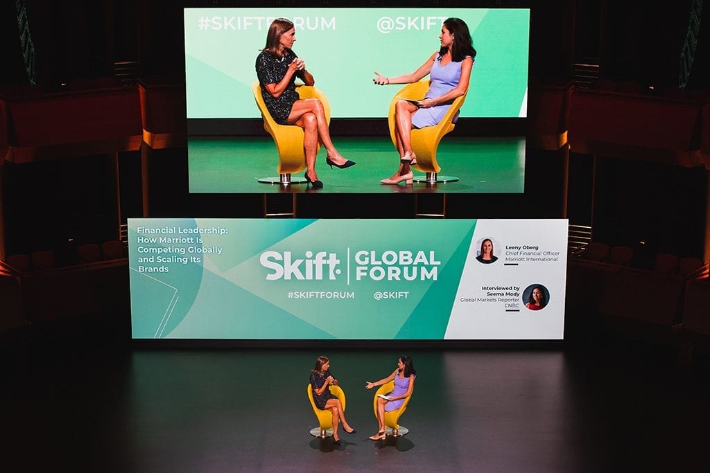 Marriott International Chief Financial Officer Leeny Oberg (left) speaks at Skift Global Forum in New York City on Sept. 19, 2019.