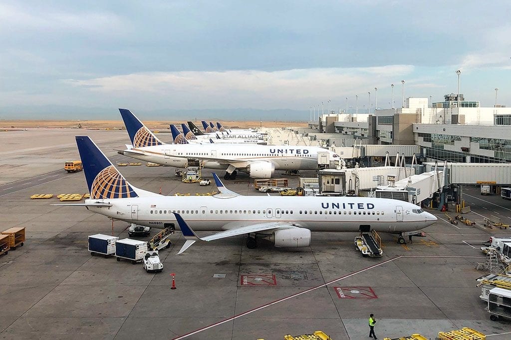 United jets at the gate at Denver International Airport.