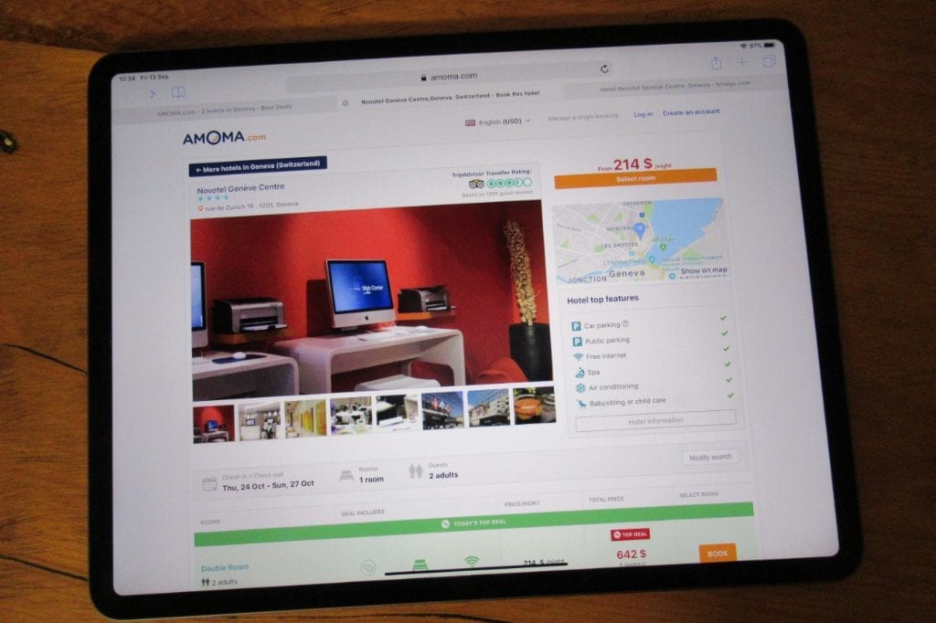 A photo of the Amoma.com site on a tablet in September 2019. The online travel agency offers discounted rates on hotels.