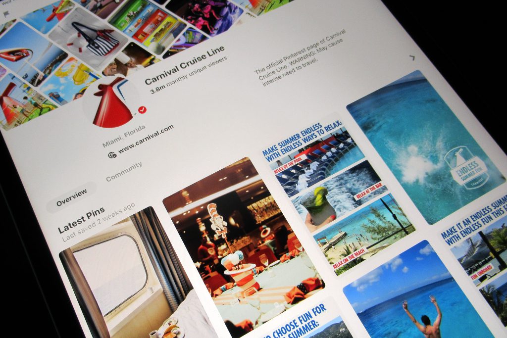 Pinterest claims it's a cost-effective way to advertise to people who still need inspiration about where to travel. Shown here is the Carnival Cruise Line Pinterest page. The company has recently run an advertising campaign on the visual cataloging service.