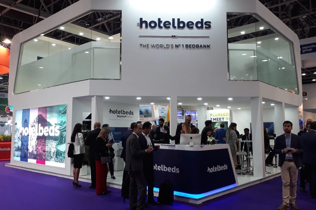 Shown here is the Hotelbeds stand at the ITB trade fair in Berlin in March 2019. 