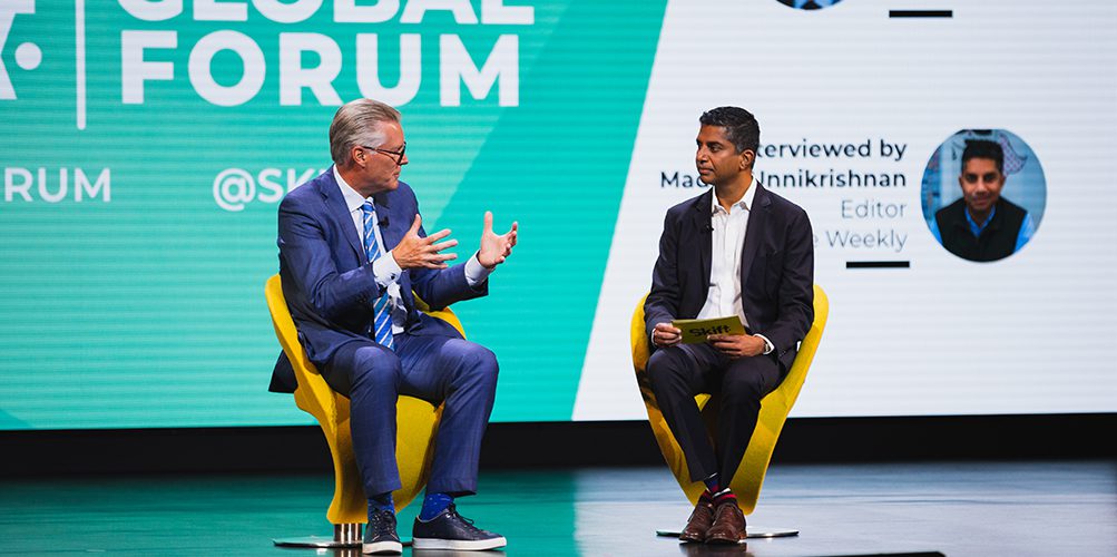 Delta CEO Ed Bastian speaking to Skift Airline Weekly Editor Madhu Unnikrishnan on stage at Skift Global Forum in New York City on September 18, 2019. Bastian stated on CNBC's Squawk Box that airline passengers who want to recline their seat should ask the person behind them if it's OK.