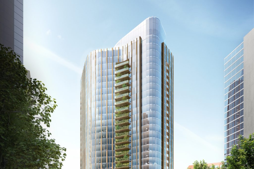 An illustration of a planned high-rise at 1899 McKinney Avenue in Dallas, Texas, that will be built by Rastegar Property and operated on a short-term and extended-stay basis by Sonder, a rental tech startup.