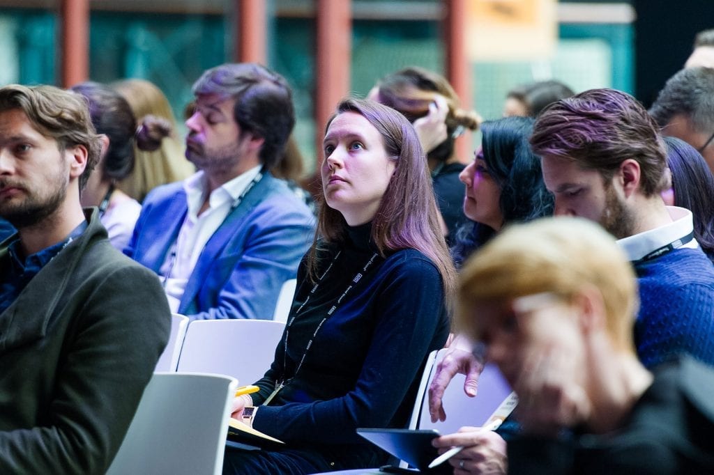 An attendee at Skift Forum Europe in London in May 2019. 