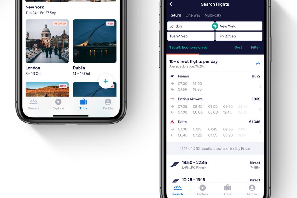 An image of Skyscanner's mobile app after the September 2019 rebranding of the company.