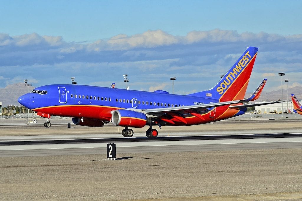 A Southwest aircraft takes off from McCarran International Airport in Las Vegas, NV.