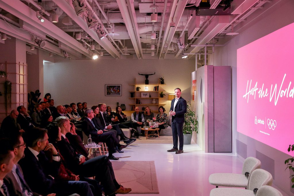Joe Gebbia, Airbnb co-Founder, gives a speech after signing​ a nine-year, five-Games partnership with the International Olympic Committee, at Japan House, London. The games were subsequently postponed.