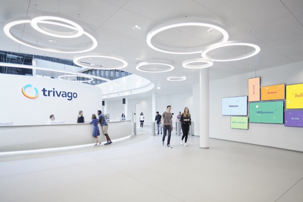 In July 2019, Trivago moved into a new headquarters in Dusseldorf, Germany, whose main entrance hall is shown here.