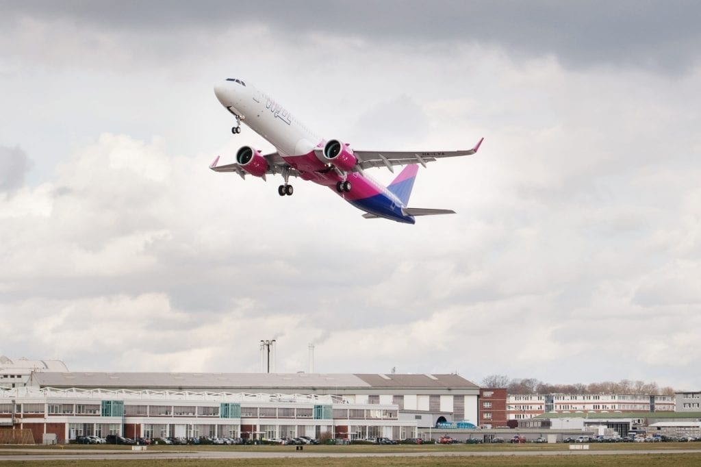 A Wizz Air aircraft takes off.