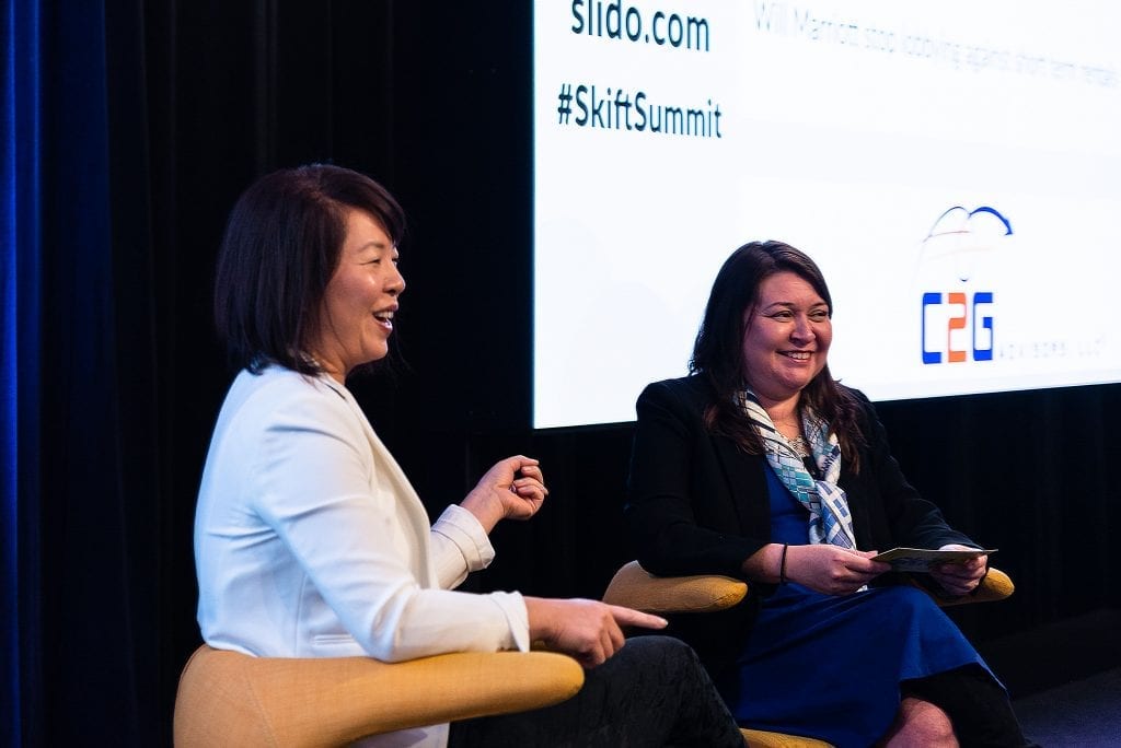 Jennifer Hsieh (left), Marriott vice president of Homes & Villas, speaks on stage at Skift Short-Term Rental Summit in New York City on December 5, 2019.