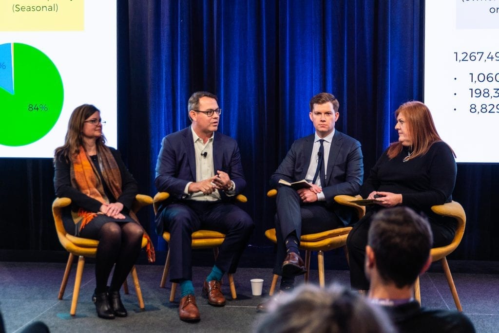 Lisa Jurinka, Vacasa chief legal officer, Brian Crawford, AHLA executive vice president of government affairs, and Philip Minardi, Expedia Group director of policy communications speak with VRM Intel CEO Amy Hinote on stage at Skift Short-Term Rental Summit in New York City on December 5, 2019.
