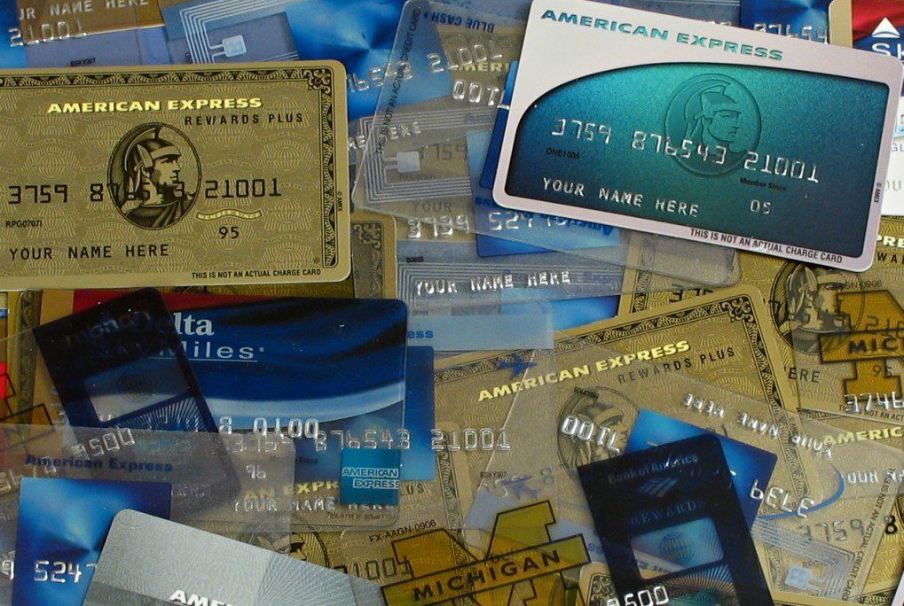 A pile of sample American Express credit cards. 