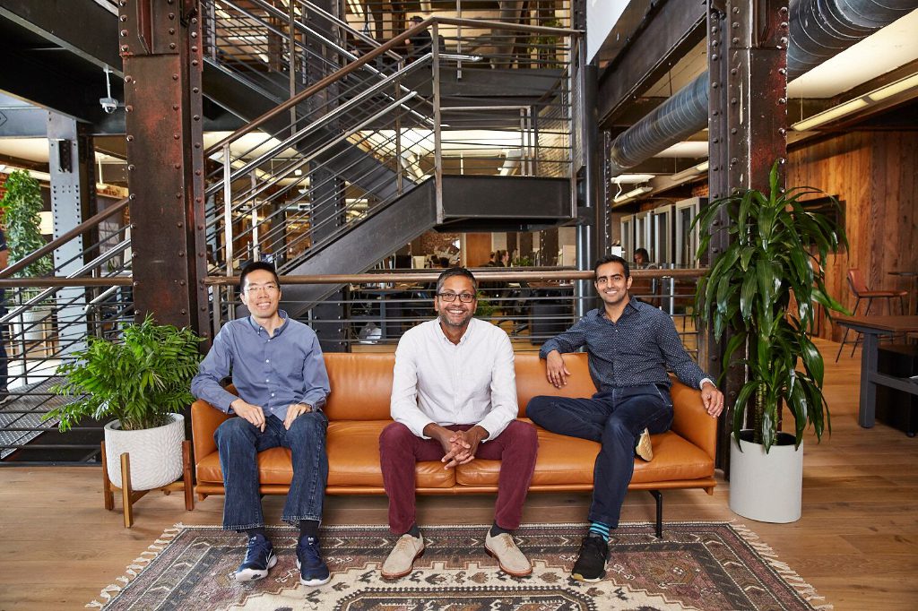 From left: Chief Technology Officer Joe Wong, Chief Operating Officer Srini Panguluri, and CEO Kulveer Taggar together co-founded Zeus, a corporate hospitality startup that has raised more than $90 million in funding.