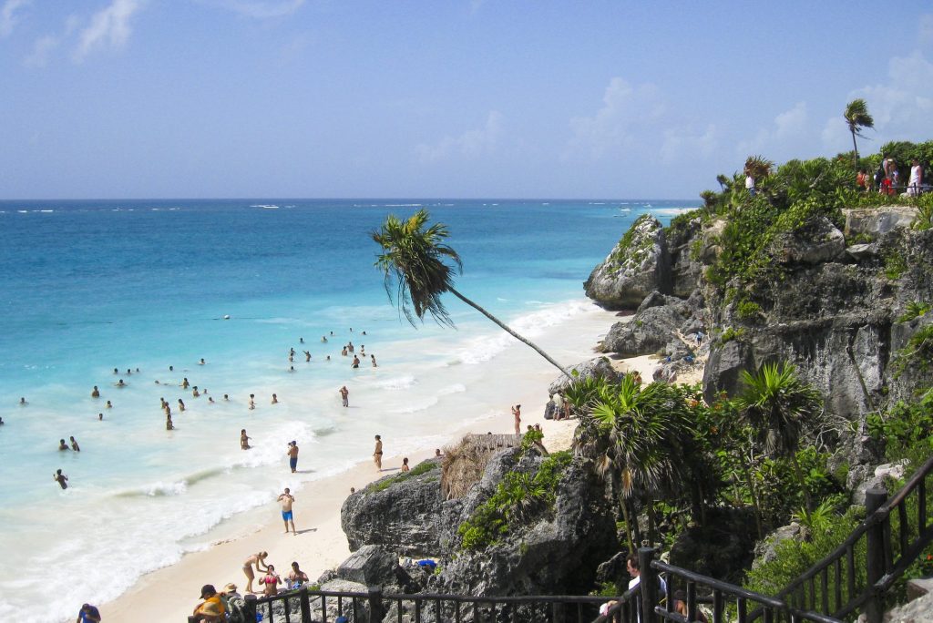 The staircase located at the edge of cliff at the Mayan Ruins of Tulum in Mexico.