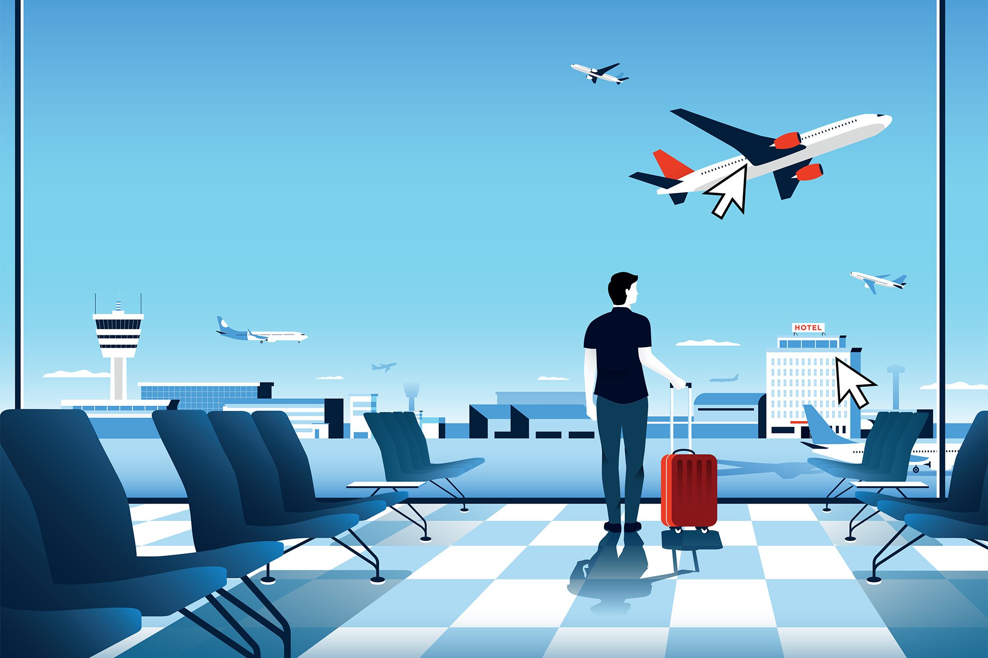 An illustration of a traveler in an airport.