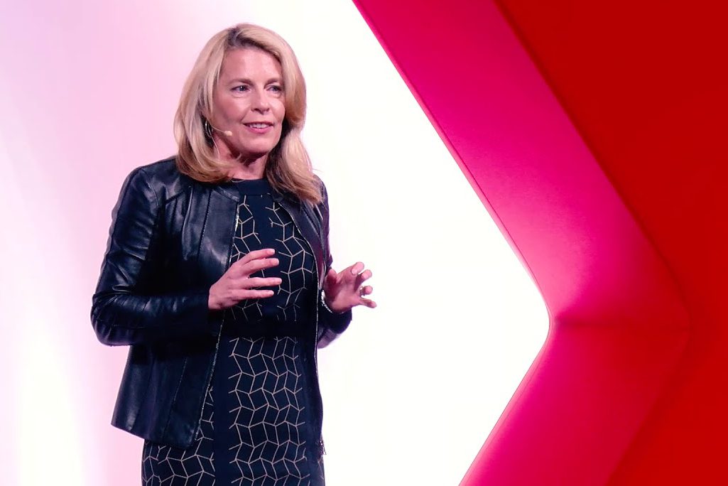 A shot of Melissa Smith, Chair and CEO of payments company Wex, while speaking during a Ted Talk. Smith led the acquisition of eNett, a travel sector payments company.