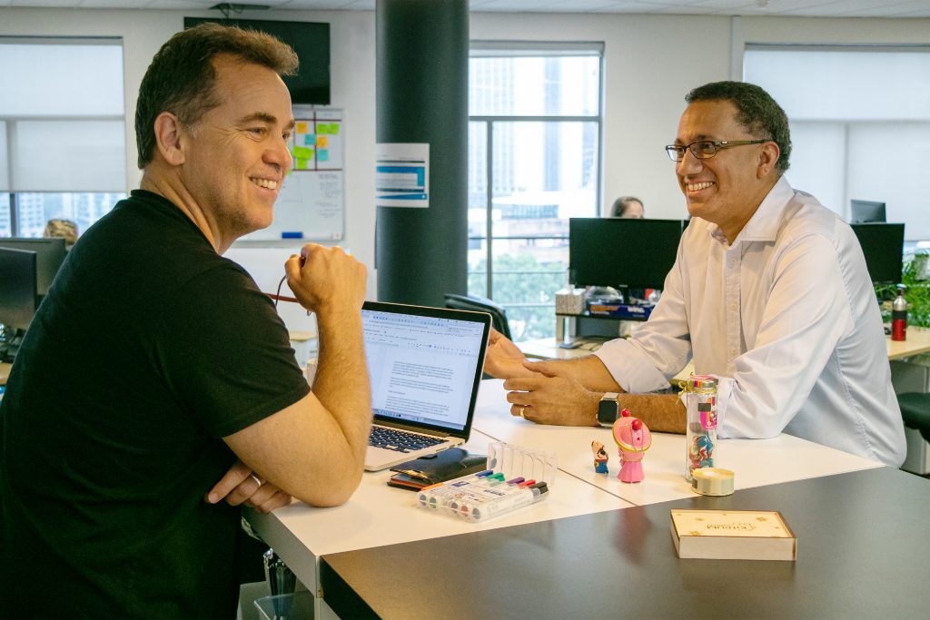 SiteMinder debuted on the Australia stock exchange November 8, 2021. Pictured are (from right) CEO Sankar Narayan and Co-Founder and Chairman Mike Ford. 