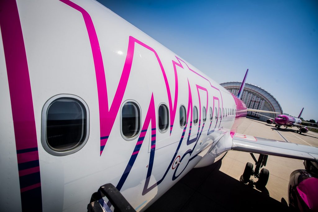 A close-up image of a Wizz Air plane