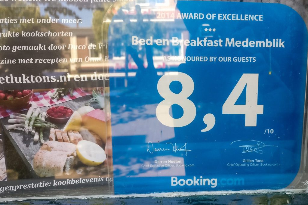 A Booking.com lodging rating as seen in the Netherlands on July 8, 2019. The company is mulling layoffs and applying for governmental relief.
