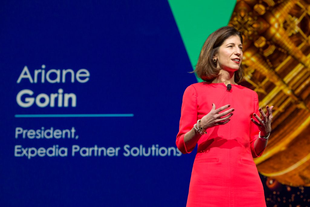 Ariane Gorin is shown here talking at Explore '18, the Expedia group customer conference, on December 6th, 2018 at the Aria in Las Vegas, Nevada. Last December, the company promoted Gorin to an expanded role as group president of Expedia Business Services.
