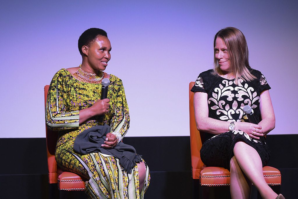 Shown here is Angel Vendeline Namshali (left), GM of Asilia's Dunia Camp, and Amy Dickman, director of Ruaha Carnivore Project, on stage at Empowers Africa's annual event, Women Leading Change, on March 5, 2020.
