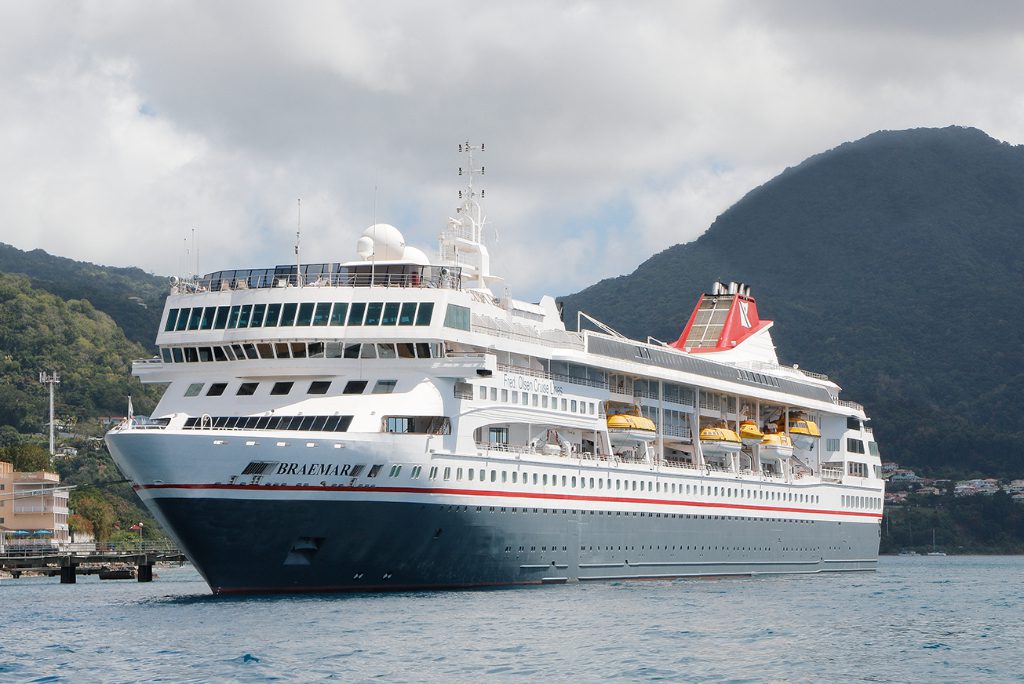 The British cruise ship MS Braemar that has been turned away from different ports in the Caribbean after several passengers were confirmed to have the new coronavirus disease, is seen earlier when it was docked in Dominica.
