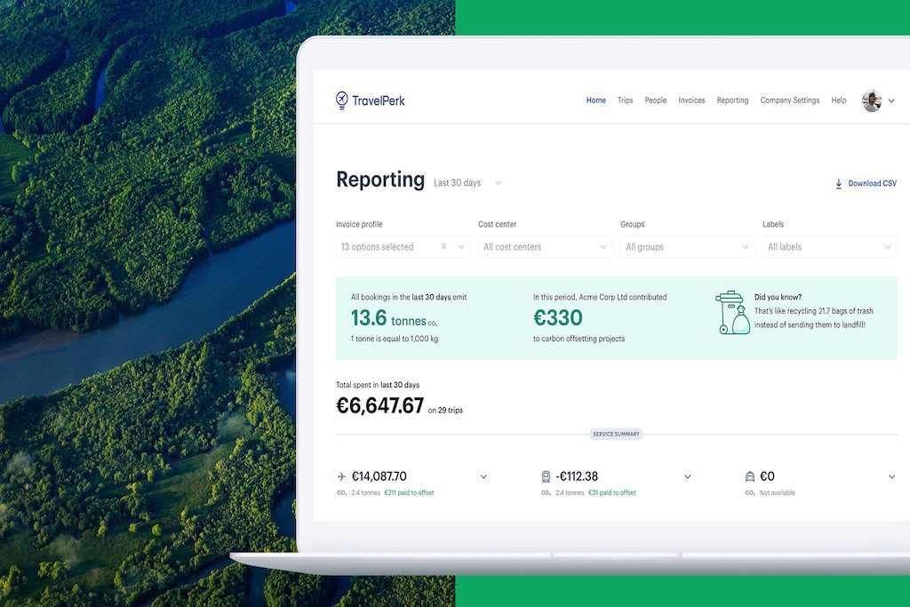 An image of TravelPerk's new carbon offset product. The company is integrating UN-endorsed carbon offset programs into its business travel platform.