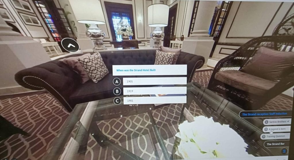 A capture of the 360-degree virtual reality visuals that hospitality staff see during their training. Pictured is the lobby of The Strand Hotel in Yangon, Myanmar. 